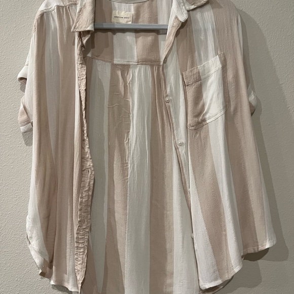 Tan and white vertical striped button down blouse American eagle - Picture 2 of 3